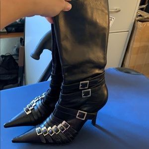 Leather Aldo zipper heel/boots black buckle embell